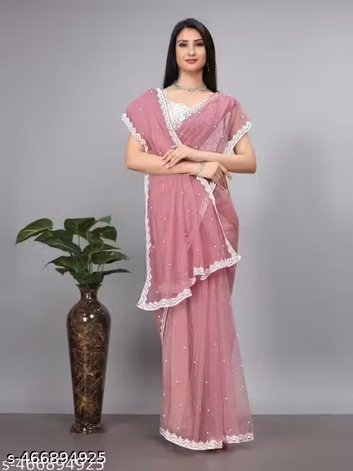 SUPERNET BEADS AND STONE SAREE WITH JACKARD BLOUSE