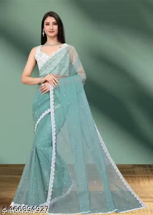 SUPERNET BEADS AND STONE SAREE WITH JACKARD BLOUSE