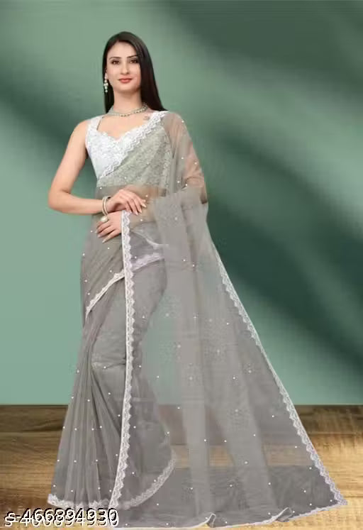 SUPERNET BEADS AND STONE SAREE WITH JACKARD BLOUSE
