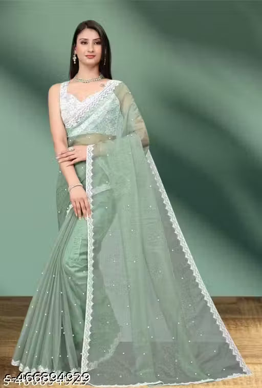 SUPERNET BEADS AND STONE SAREE WITH JACKARD BLOUSE