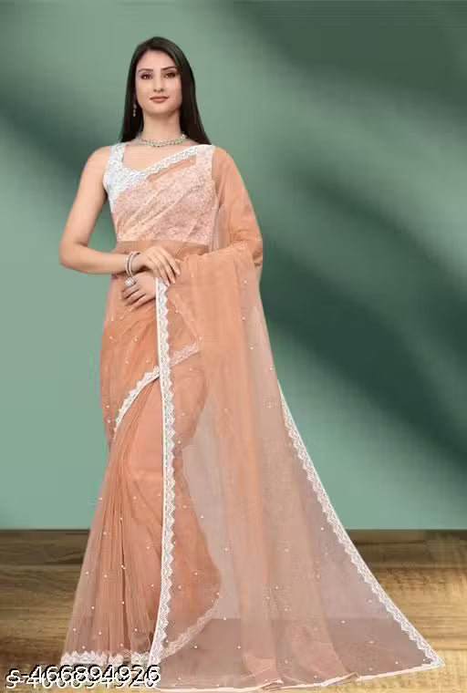 SUPERNET BEADS AND STONE SAREE WITH JACKARD BLOUSE