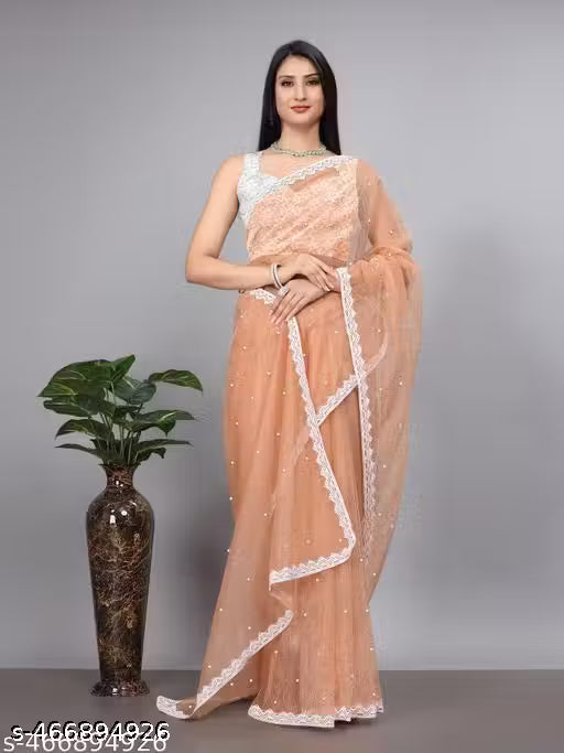 SUPERNET BEADS AND STONE SAREE WITH JACKARD BLOUSE