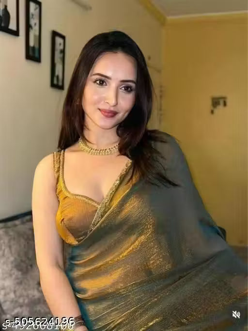 Women's Golden Green Blue Two Tone Galexy Chiffon Silk Tissue Saree With Running Blouse