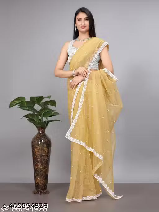 SUPERNET BEADS AND STONE SAREE WITH JACKARD BLOUSE