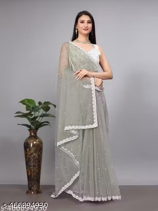 SUPERNET BEADS AND STONE SAREE WITH JACKARD BLOUSE
