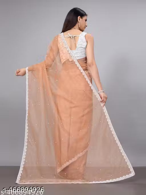 SUPERNET BEADS AND STONE SAREE WITH JACKARD BLOUSE