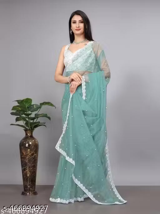 SUPERNET BEADS AND STONE SAREE WITH JACKARD BLOUSE