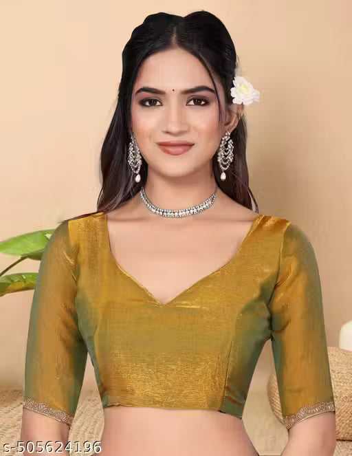 Women's Golden Green Blue Two Tone Galexy Chiffon Silk Tissue Saree With Running Blouse