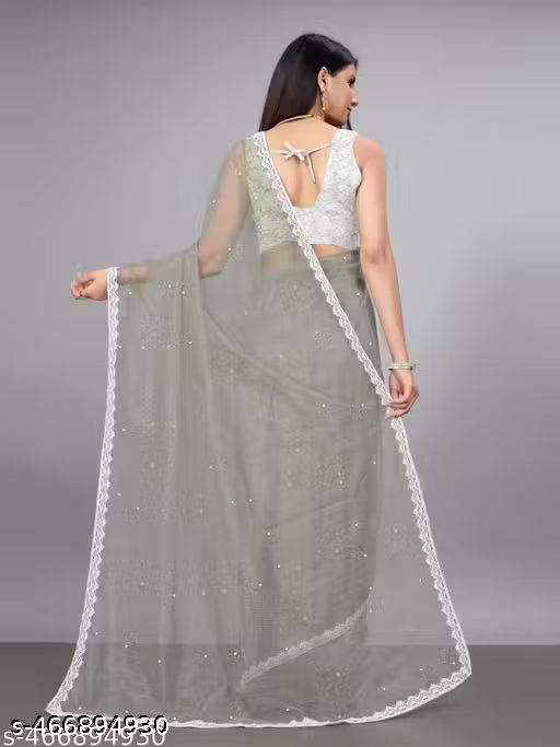 SUPERNET BEADS AND STONE SAREE WITH JACKARD BLOUSE