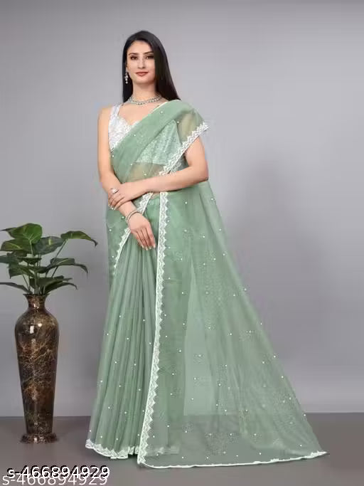 SUPERNET BEADS AND STONE SAREE WITH JACKARD BLOUSE