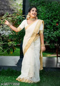 Kasavu Cotton Blend White Saree With Blouse