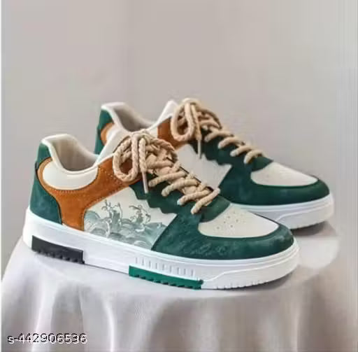 T.H.S Men's White Casual Sneaker Shoes Green Print Shoe,size-IND8