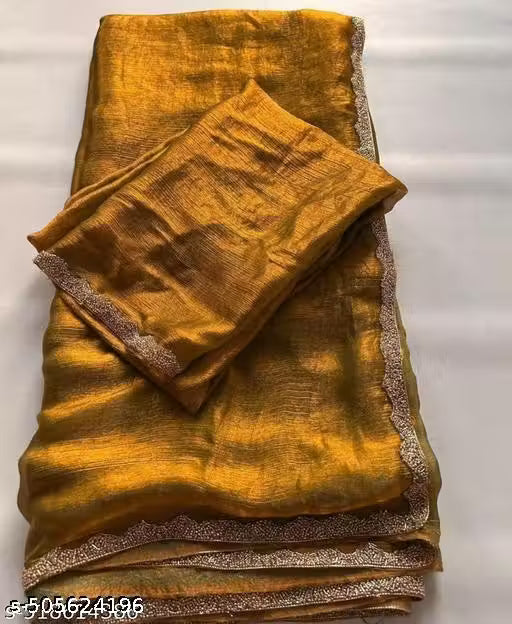 Women's Golden Green Blue Two Tone Galexy Chiffon Silk Tissue Saree With Running Blouse