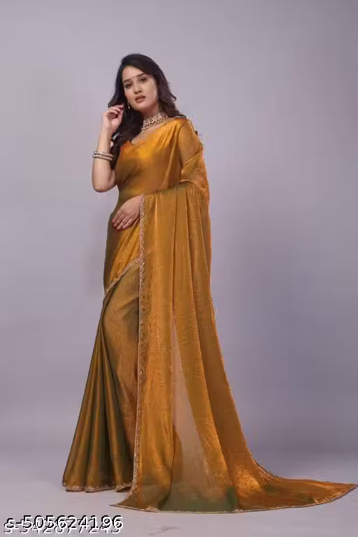 Women's Golden Green Blue Two Tone Galexy Chiffon Silk Tissue Saree With Running Blouse